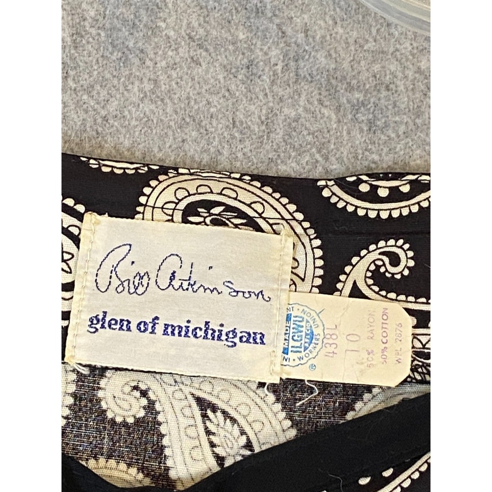 Vintage Bill Atkinson Glen Of Michigan Black White Paisley Peasant Dress Size 10 - Picture 3 of 5